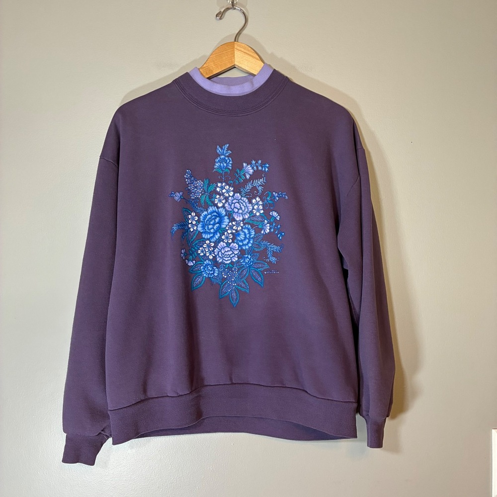 Vintage Morning Sun Purple Floral Double Collar Sweatshirt Made in USA Medium